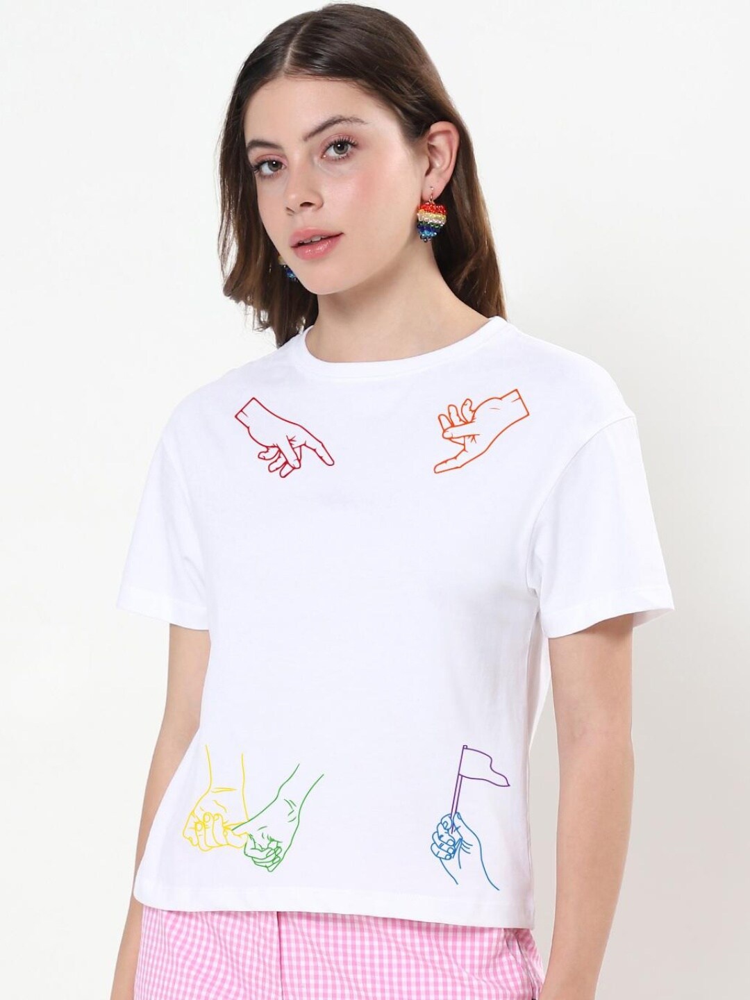 

Bewakoof Women White Printed Drop-Shoulder Sleeves T-shirt