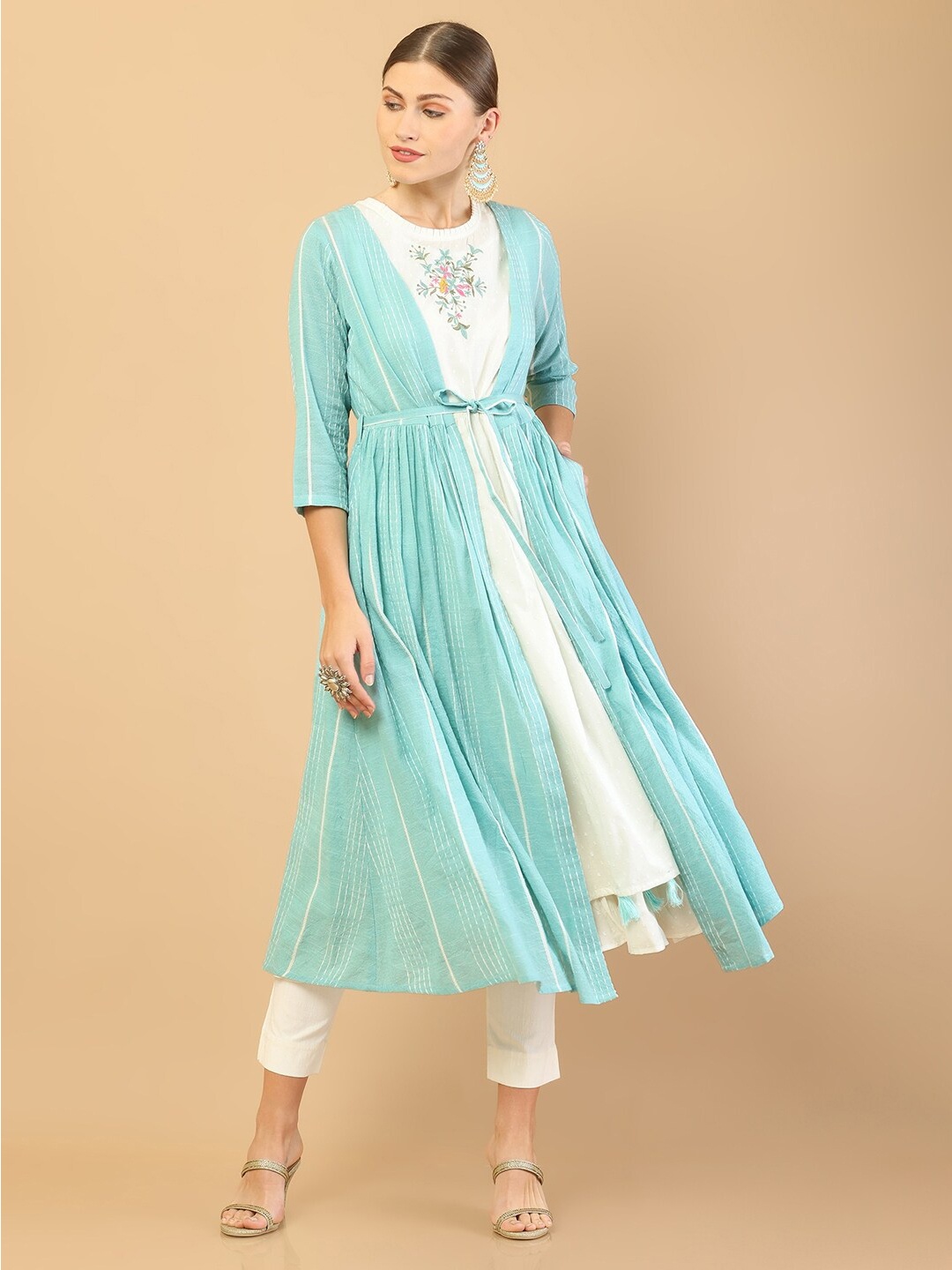 

Soch Women Blue & White Printed Floral Layered Kurta