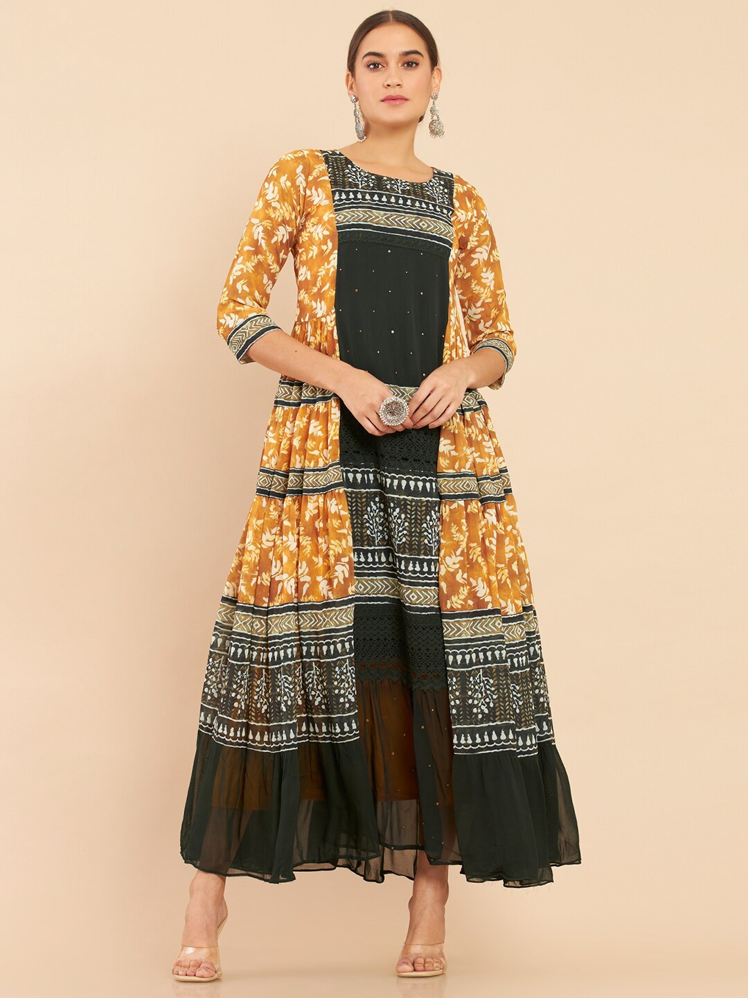 

Soch Mustard Yellow & Black Printed Georgette Midi Dress