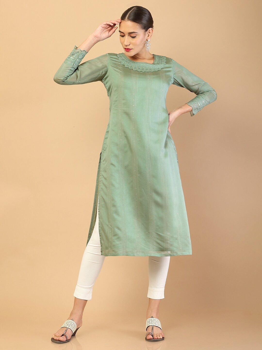 

Soch Women Sage Green Embroidered Chanderi Silk Kurta