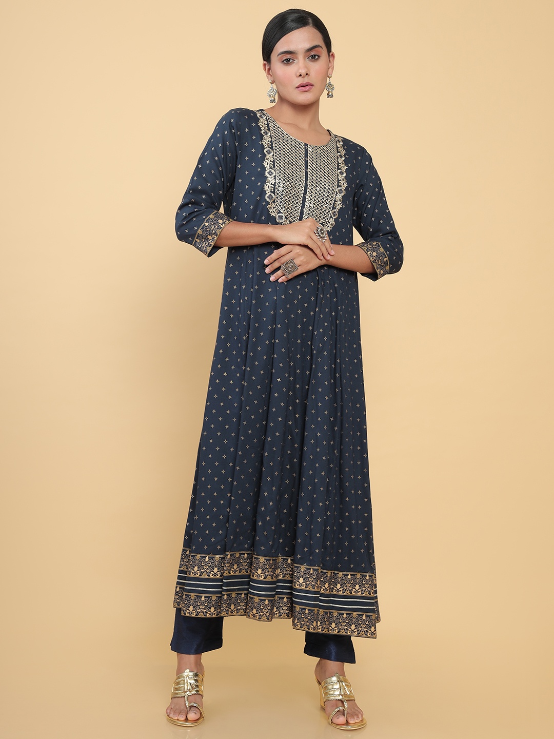 

Soch Women Navy Blue & White Ethnic Motifs Printed Thread Work Anarkali Kurta