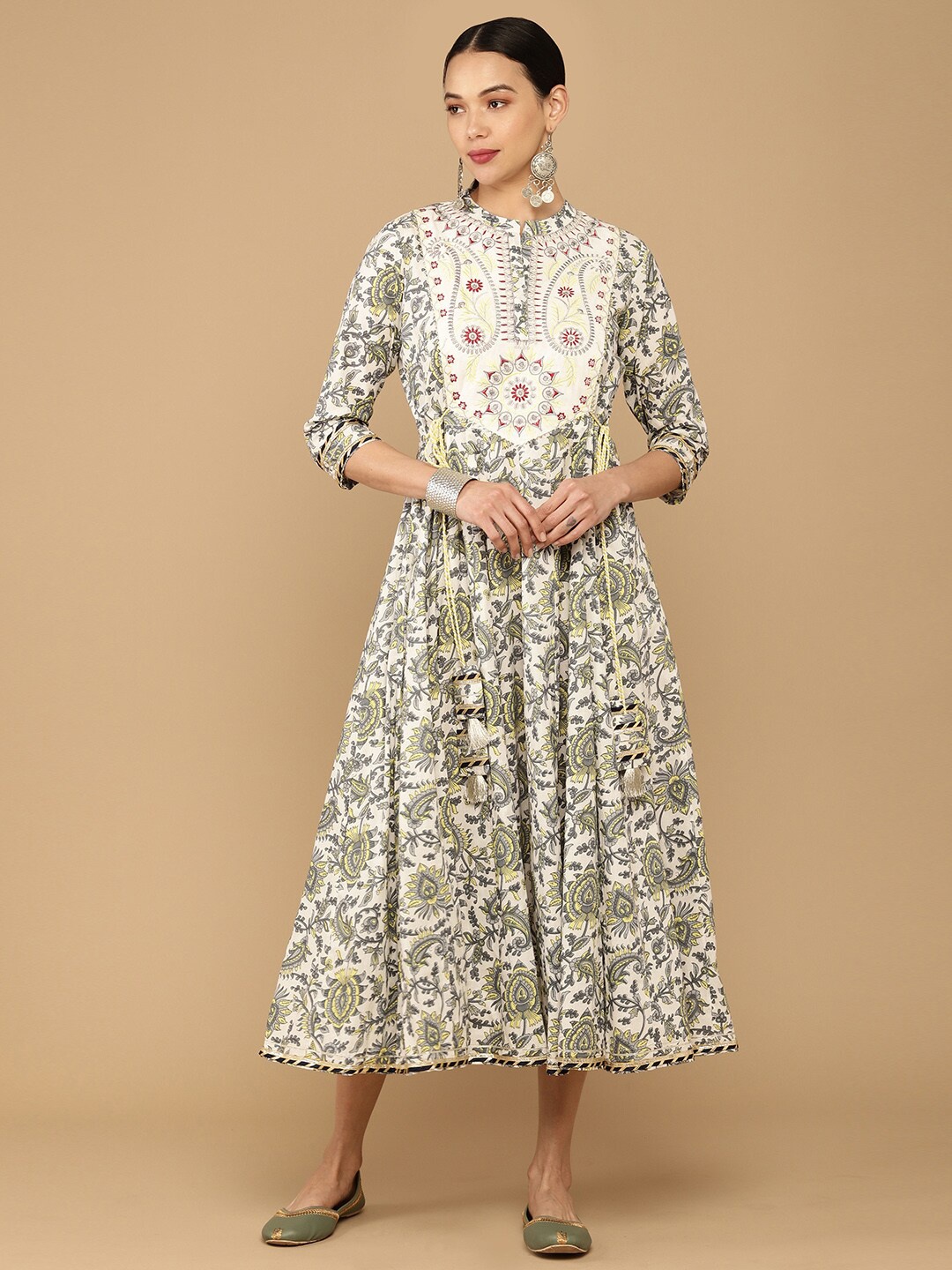 

Soch Off White & Grey Ethnic Motifs Ethnic Midi Dress