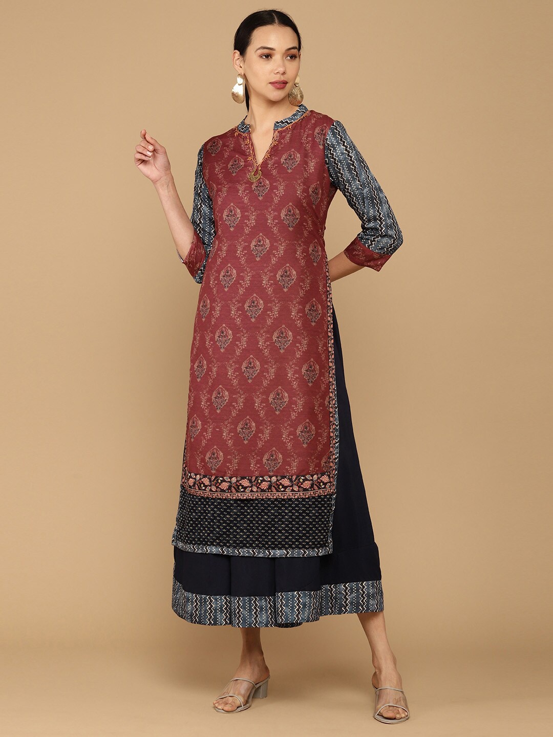 

Soch Women Maroon & Navy Blue Ethnic Motifs Layered Kurta