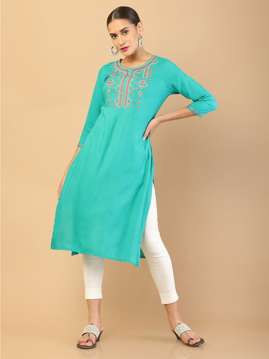 

Soch Women Teal Embroidered Thread Work Straight Kurta