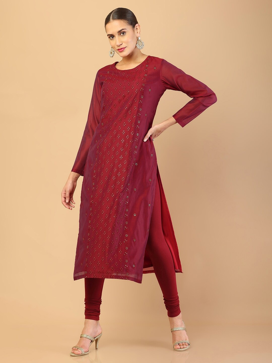 

Soch Women Maroon Embroidered Chanderi Silk Kurta