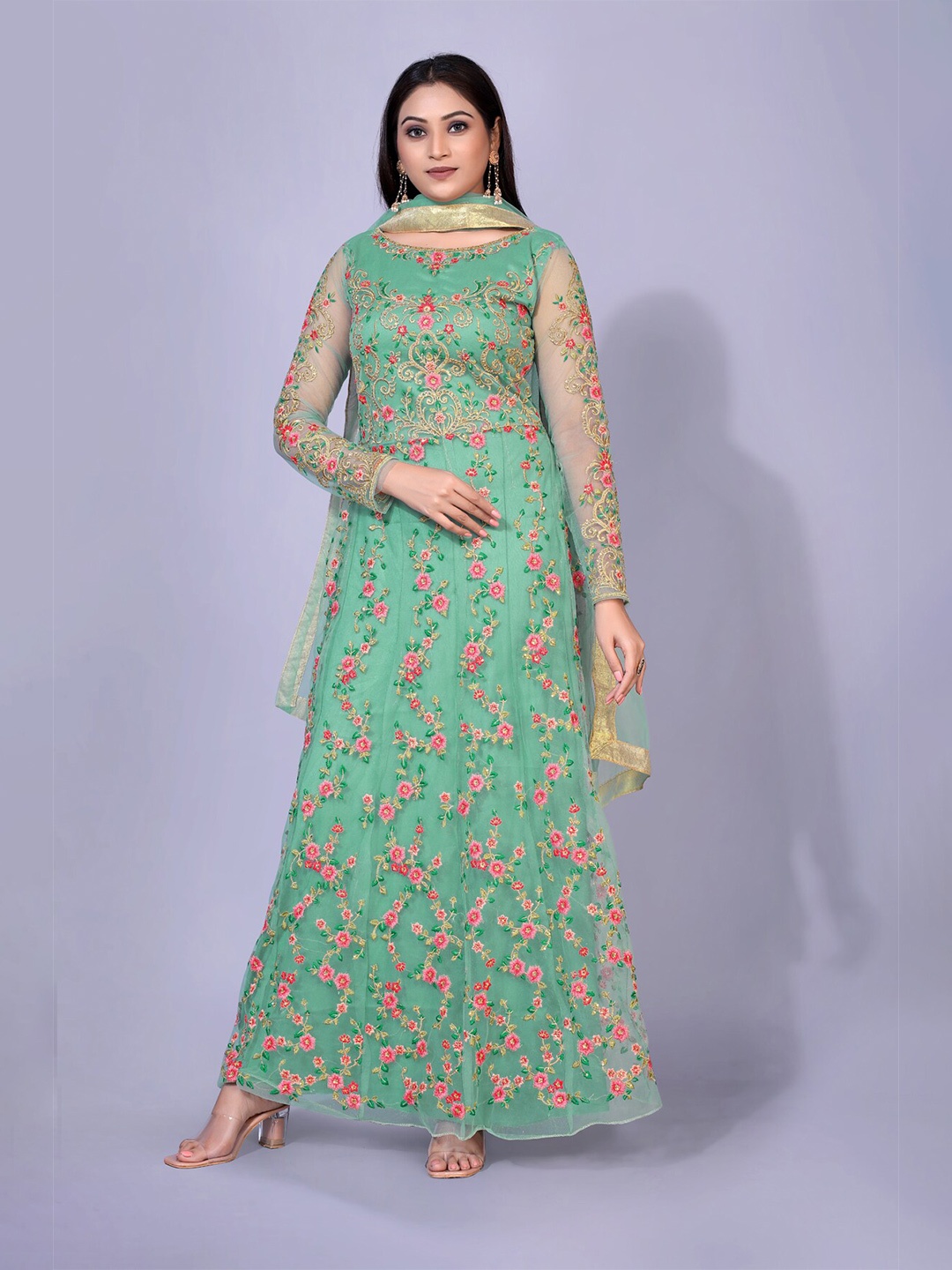 

kasee Green Floral Net Maxi Dress