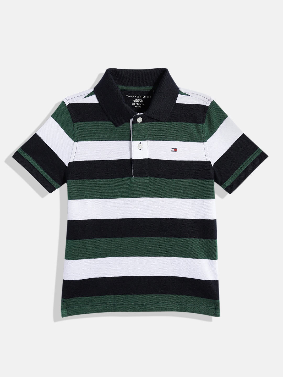 

Tommy Hilfiger Boys Green & White Striped Pure Cotton Polo Collar T-shirt