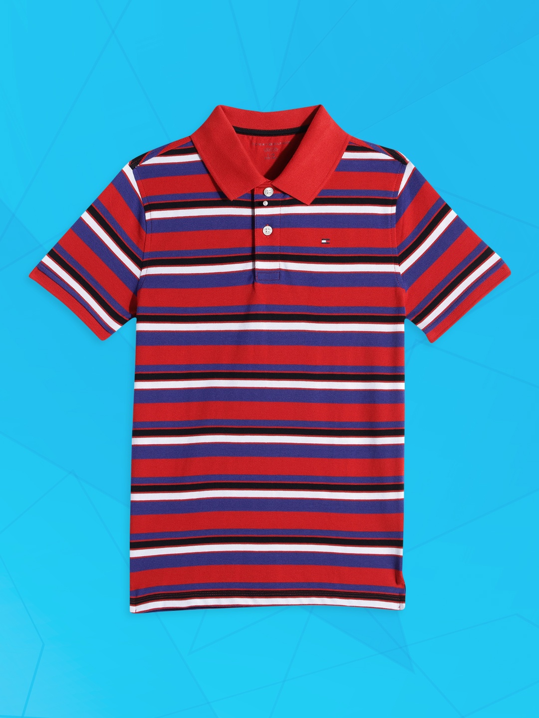 

Tommy Hilfiger Boys Red & Navy Blue Striped Polo Collar T-shirt
