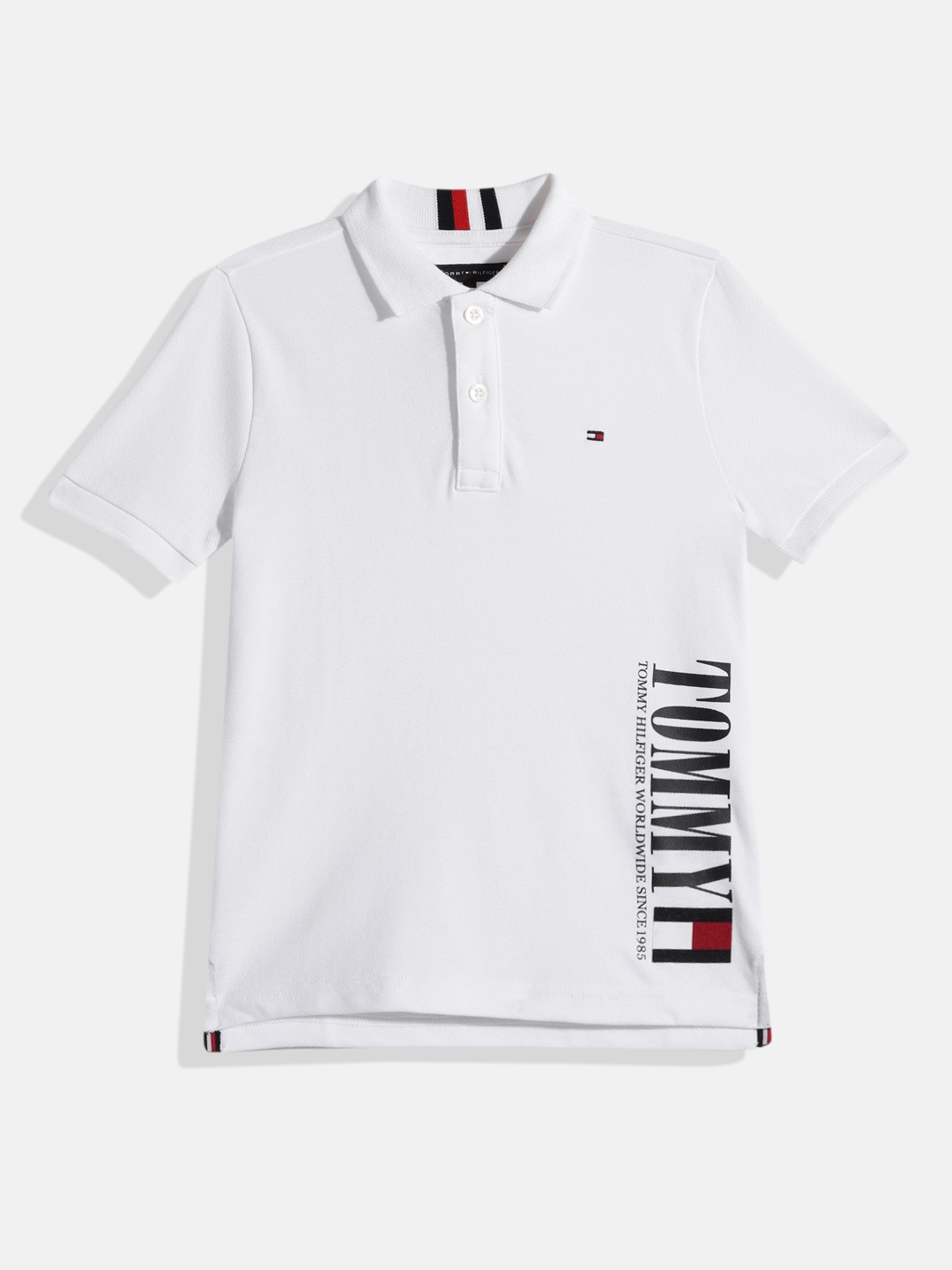 

Tommy Hilfiger Boys White Brand Logo Printed Pure Cotton Polo Collar T-shirt