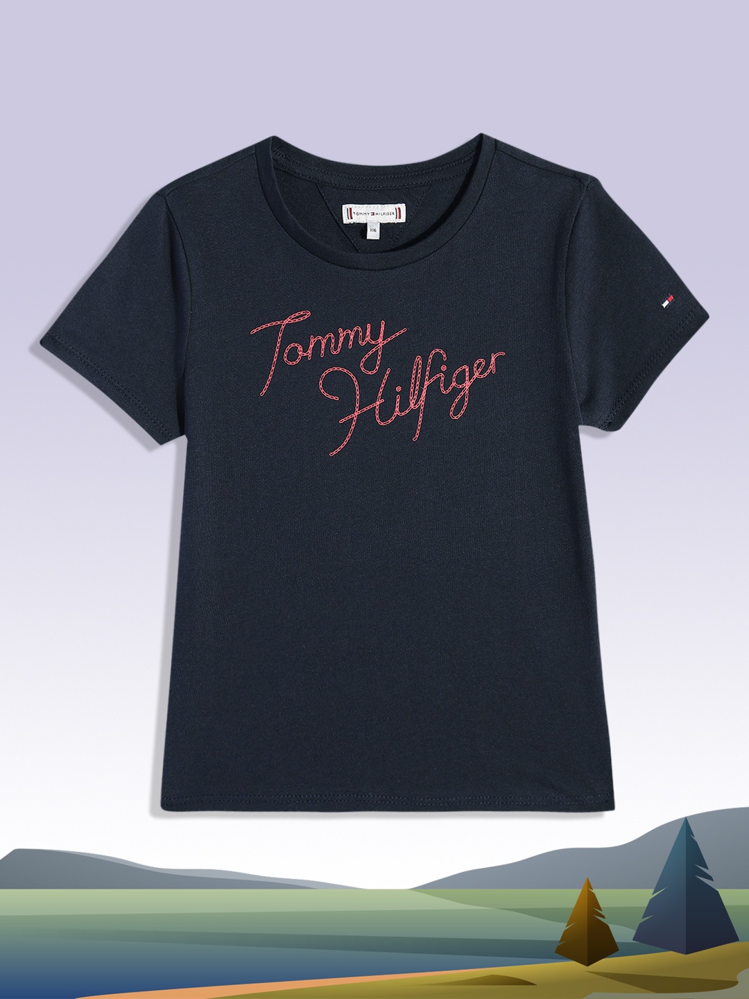 

Tommy Hilfiger Girls Navy Blue Brand Logo Printed Pure Cotton T-shirt