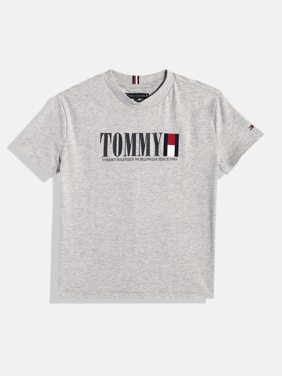 

Tommy Hilfiger Boys Grey Melange Brand Logo Printed Pure Cotton T-shirt