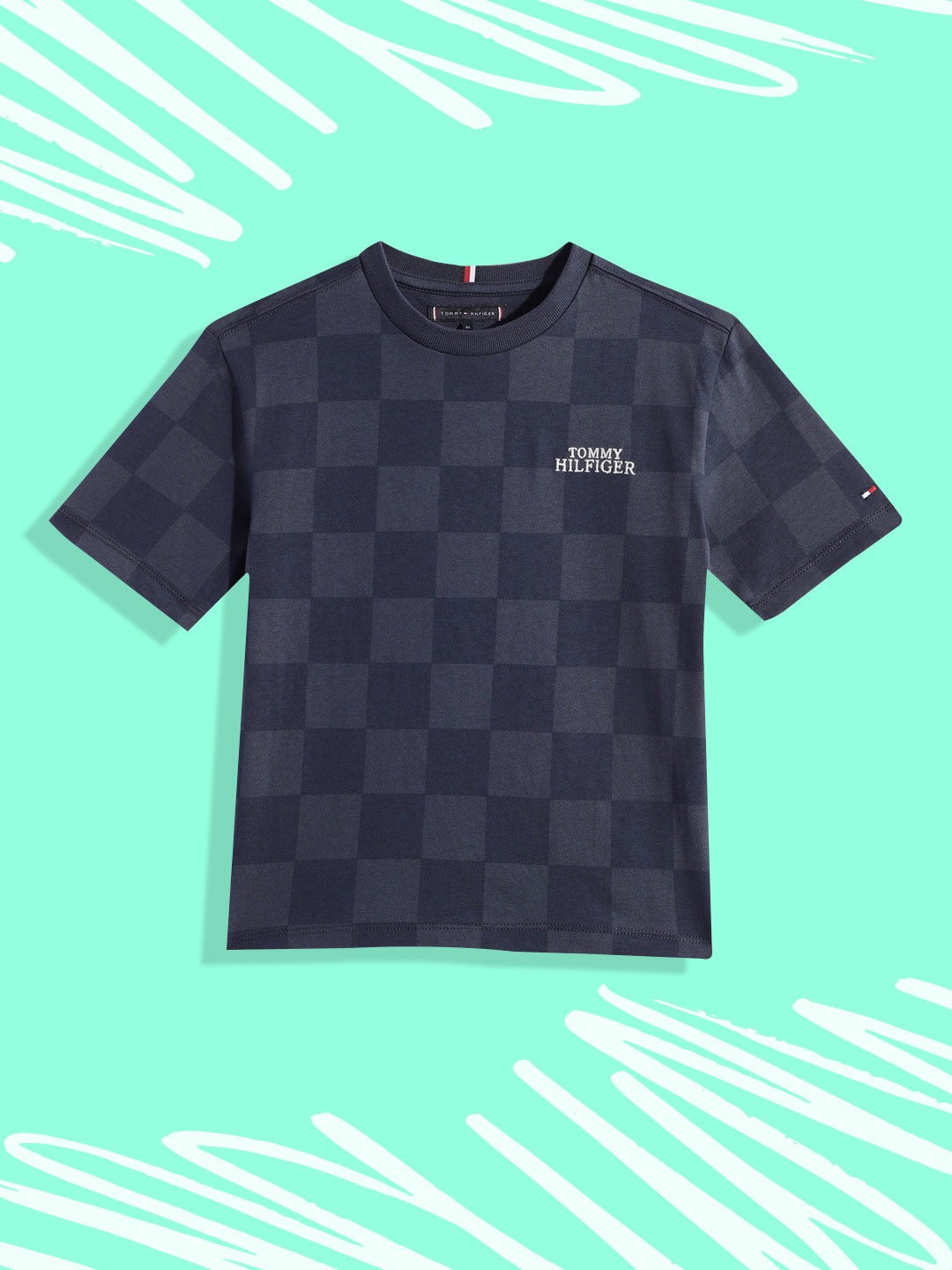 

Tommy Hilfiger Boys Navy Blue Checked Pure Cotton T-shirt