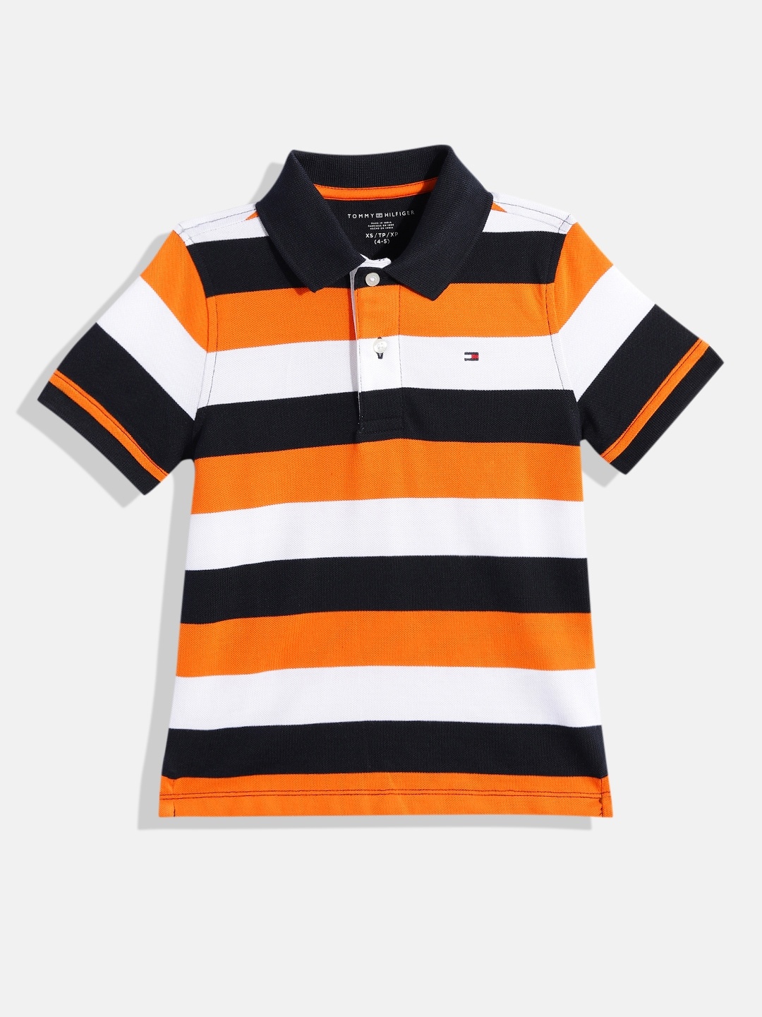 

Tommy Hilfiger Boys Orange & White Striped Pure Cotton Polo Collar T-shirt