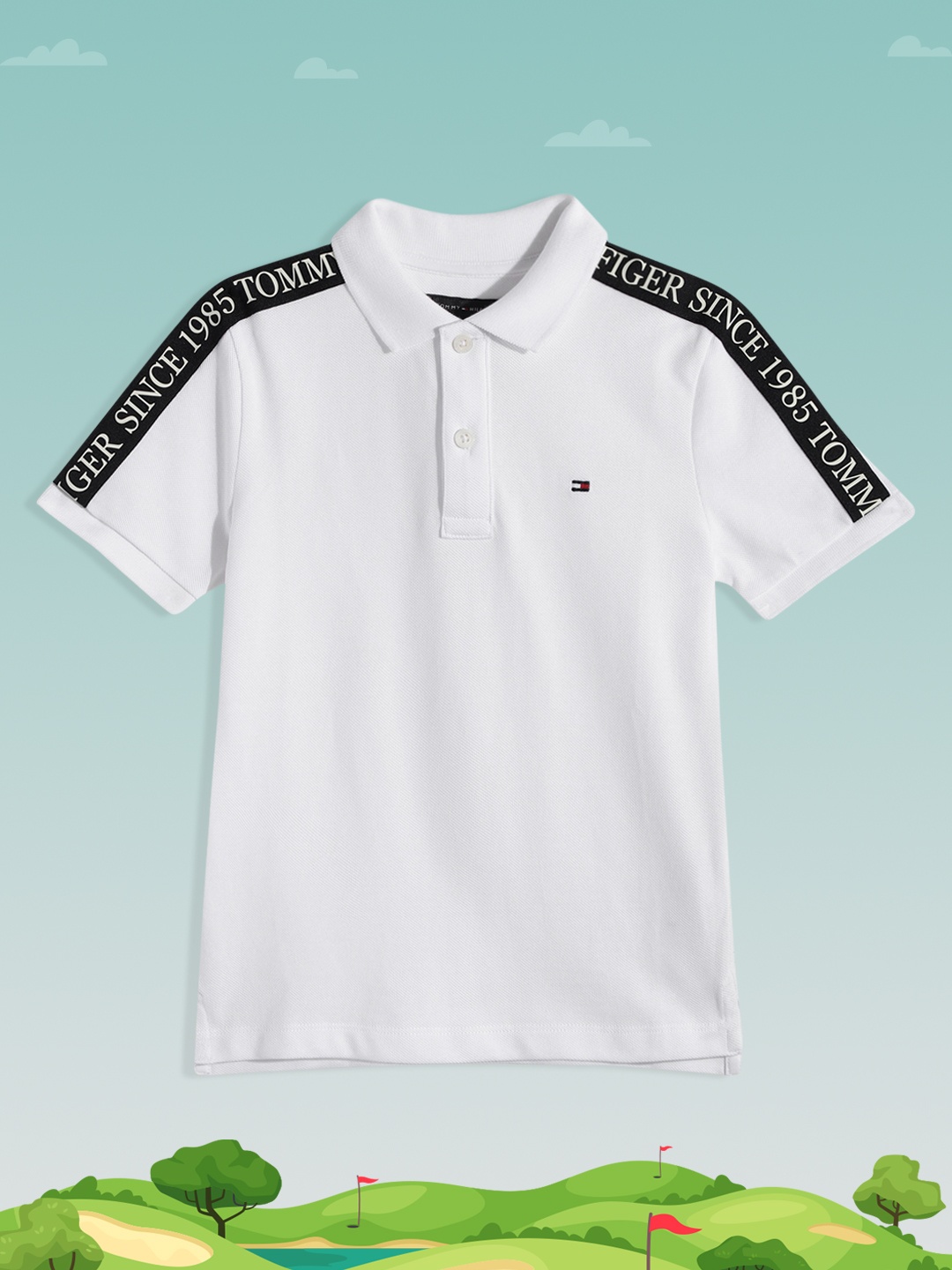 

Tommy Hilfiger Boys White Solid Pure Cotton Polo Collar T-shirt