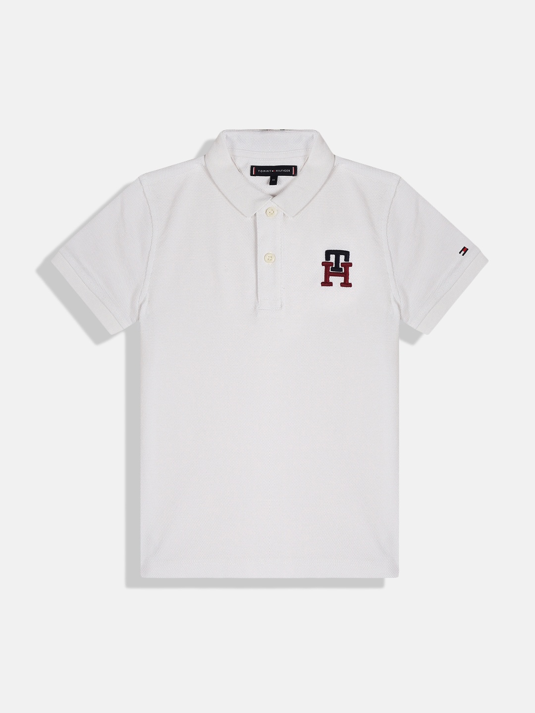 

Tommy Hilfiger Boys White Brand Logo Embroidered Polo Collar Pure Cotton T-shirt