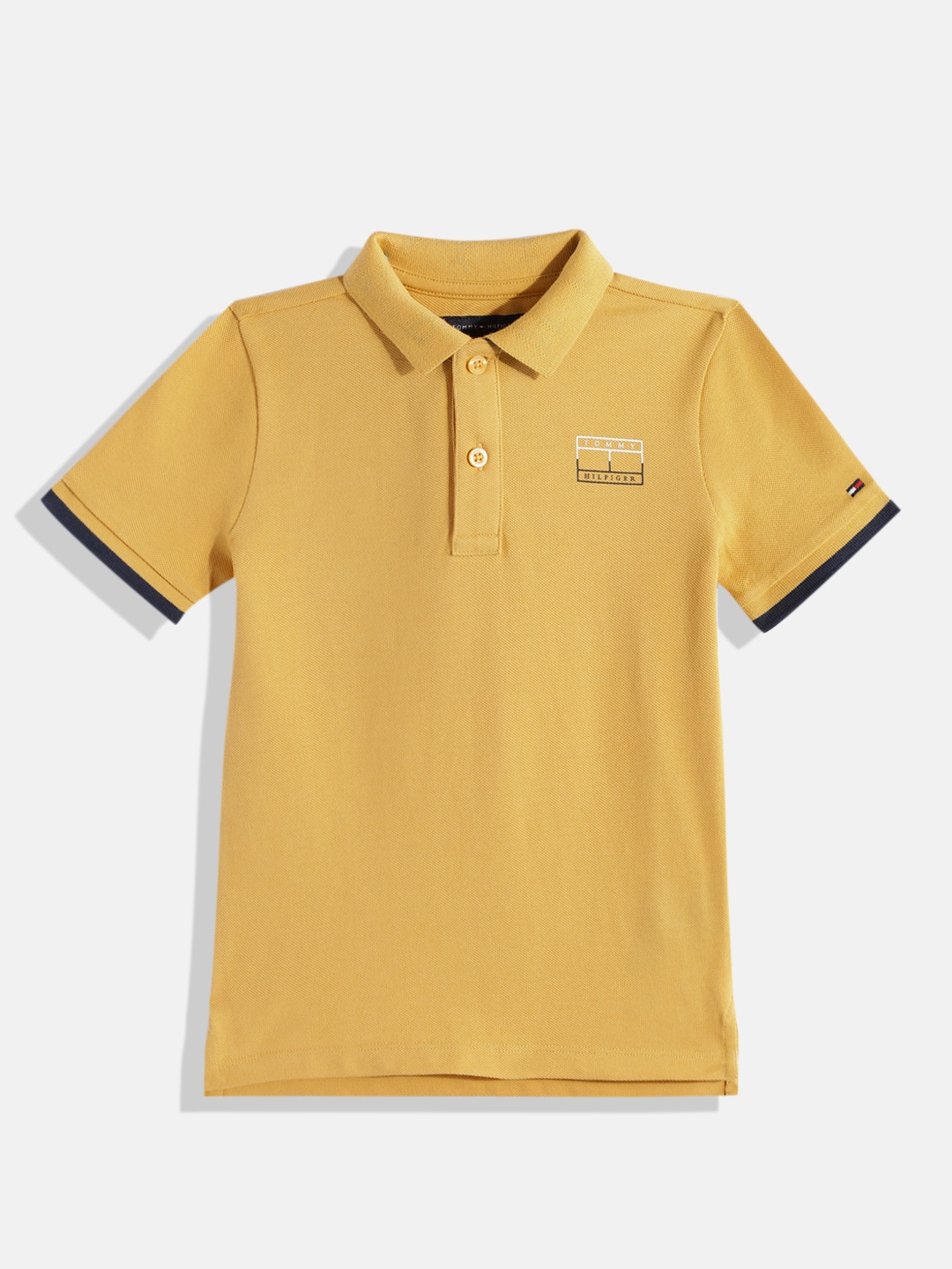 

Tommy Hilfiger Boys Solid Polo Collar Organic Cotton T-shirt With Minimal Brand Logo Print, Mustard