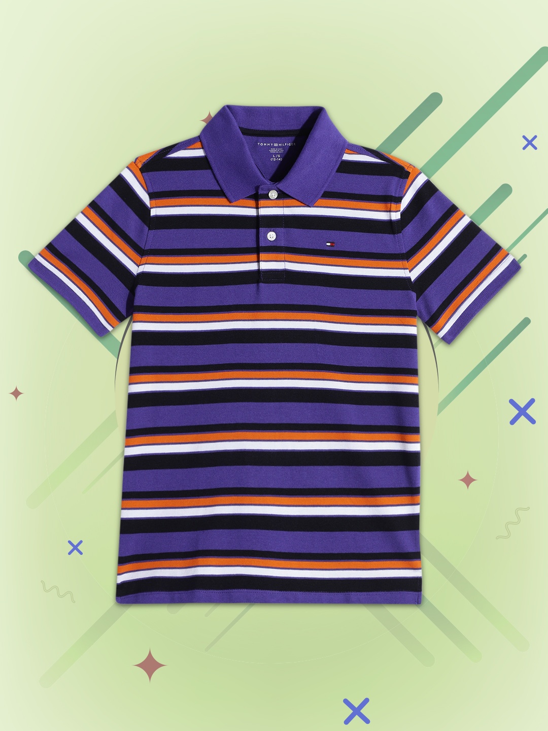 

Tommy Hilfiger Boys Blue & Black Striped Pure Cotton Polo Collar T-shirt