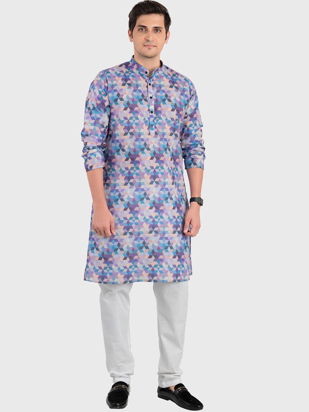 

SHIWAM ETHNIX Men Multicoloured Floral Angrakha Kurta with Pyjamas, Multi