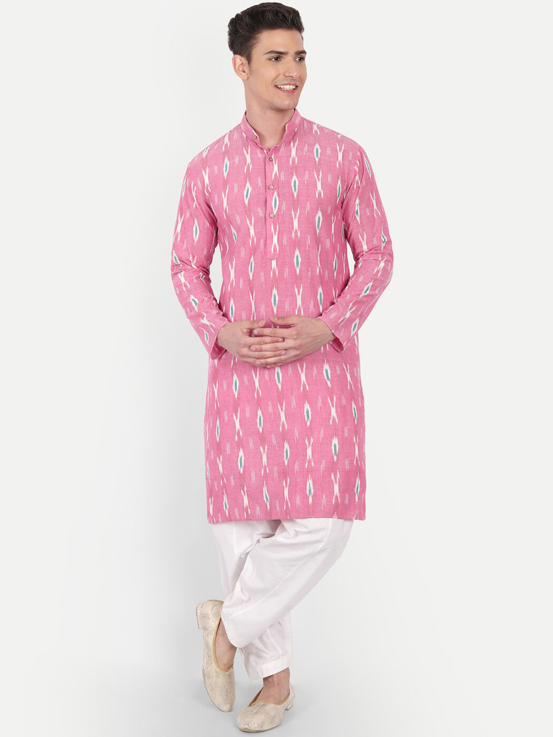 

Aashima Wahal Men Pink & White Ethnic Motifs Printed Pure Cotton Pastels Kurta