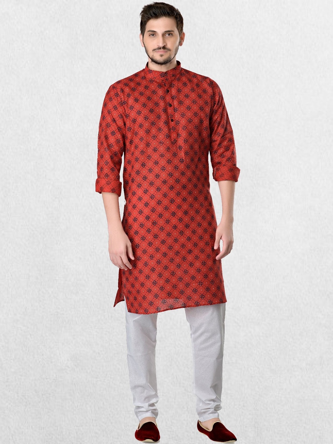 

SHIWAM ETHNIX Men Red Floral Kurta with Churidar