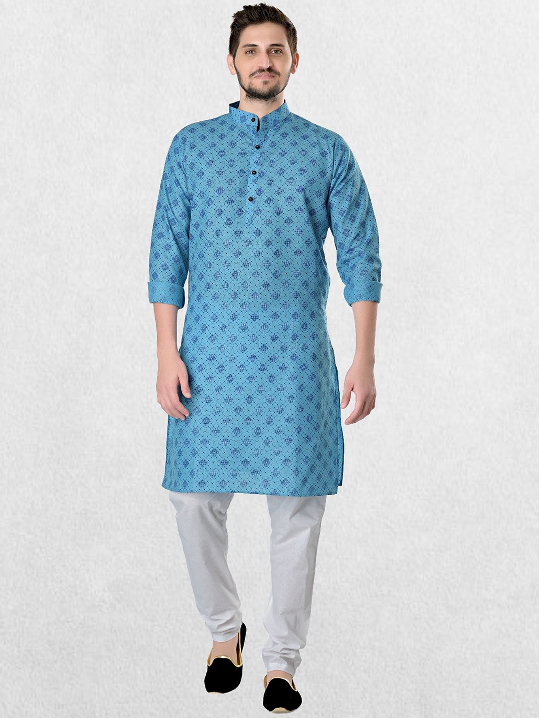 

SHIWAM ETHNIX Men Blue & White Floral Printed Kurta with Pyjamas