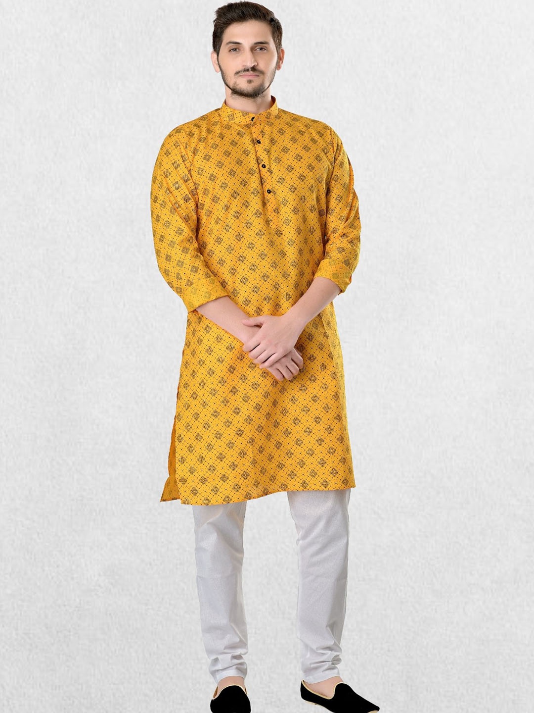 

SHIWAM ETHNIX Men Yellow Floral Kurta with Pyjamas