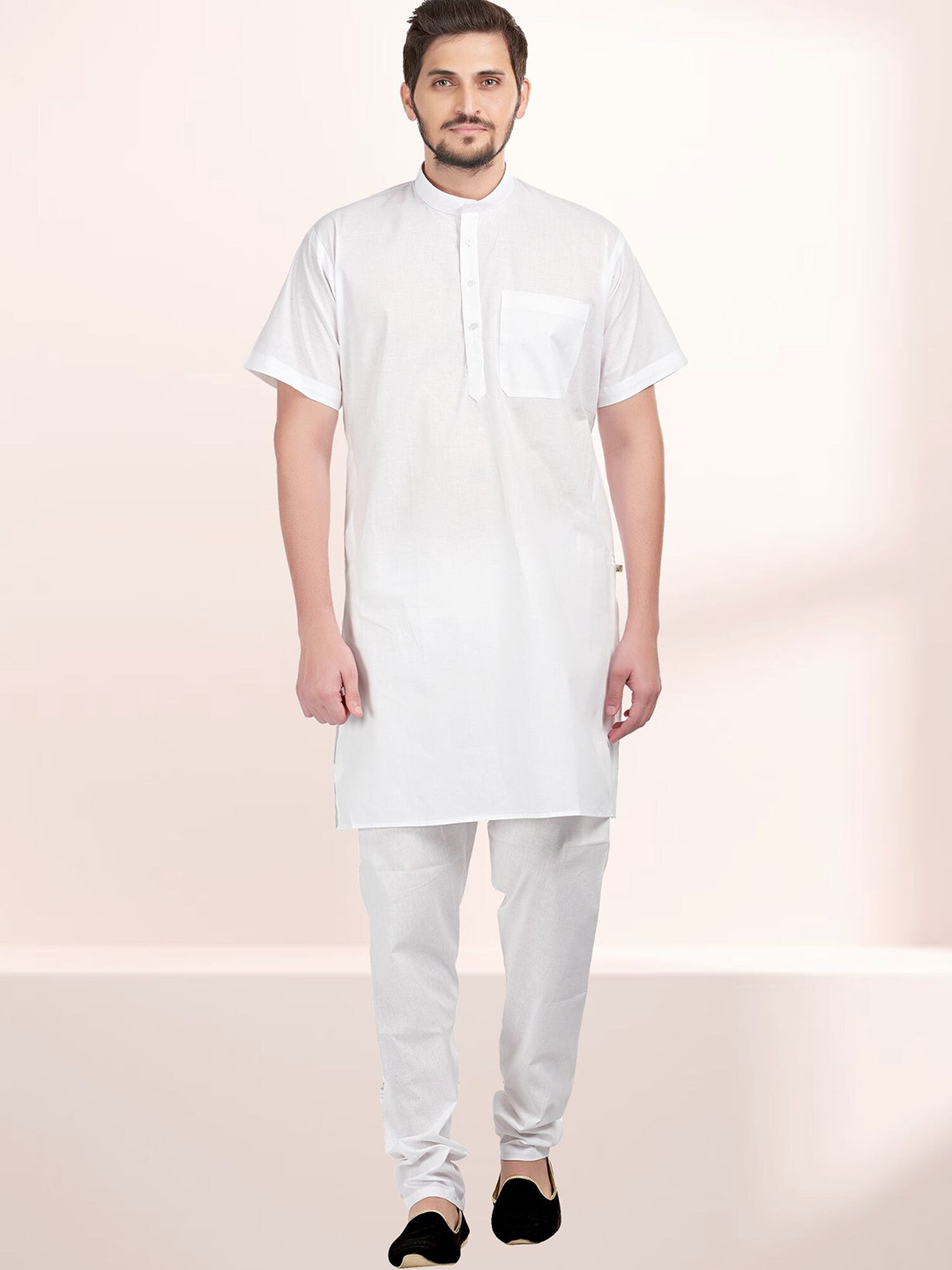 

SHIWAM ETHNIX Men White Solid Kurti with Pyjamas