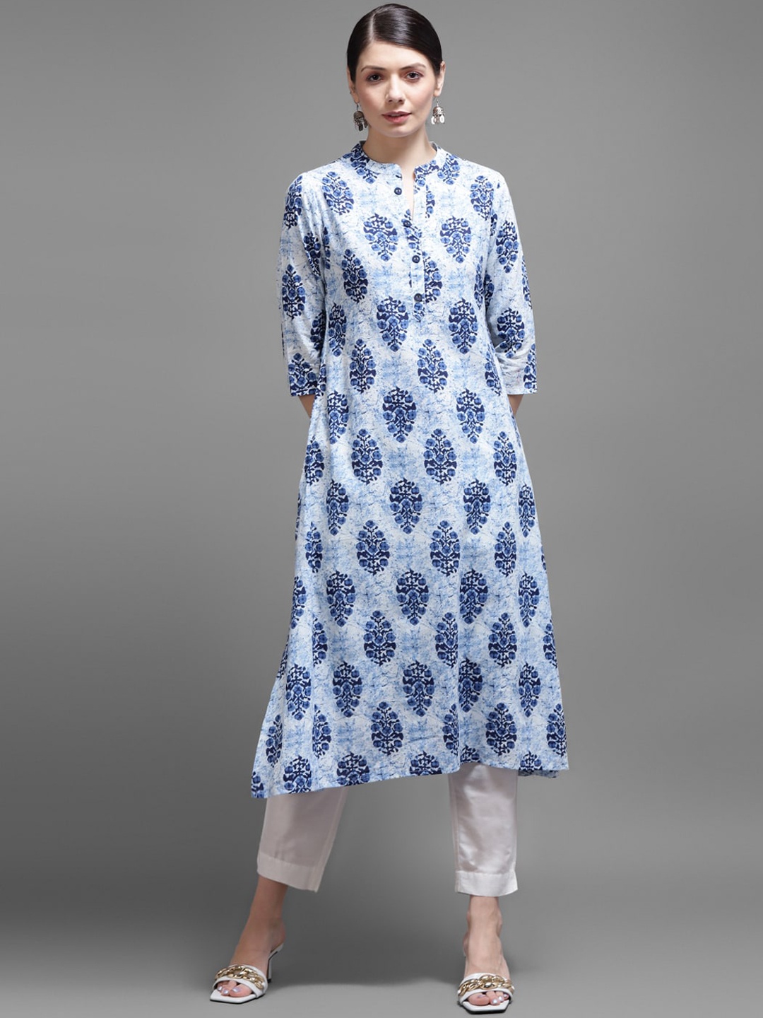 

KALINI Women Blue Ethnic Motifs Cotton Printed Thread Work Kurta