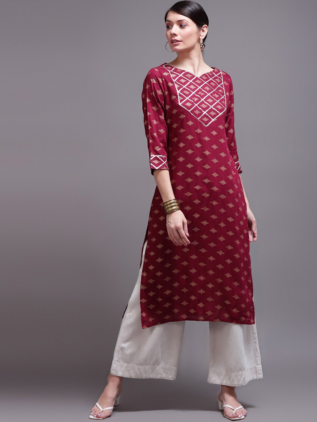 

KALINI Women Maroon & dark scarlet Geometric Striped Kurta