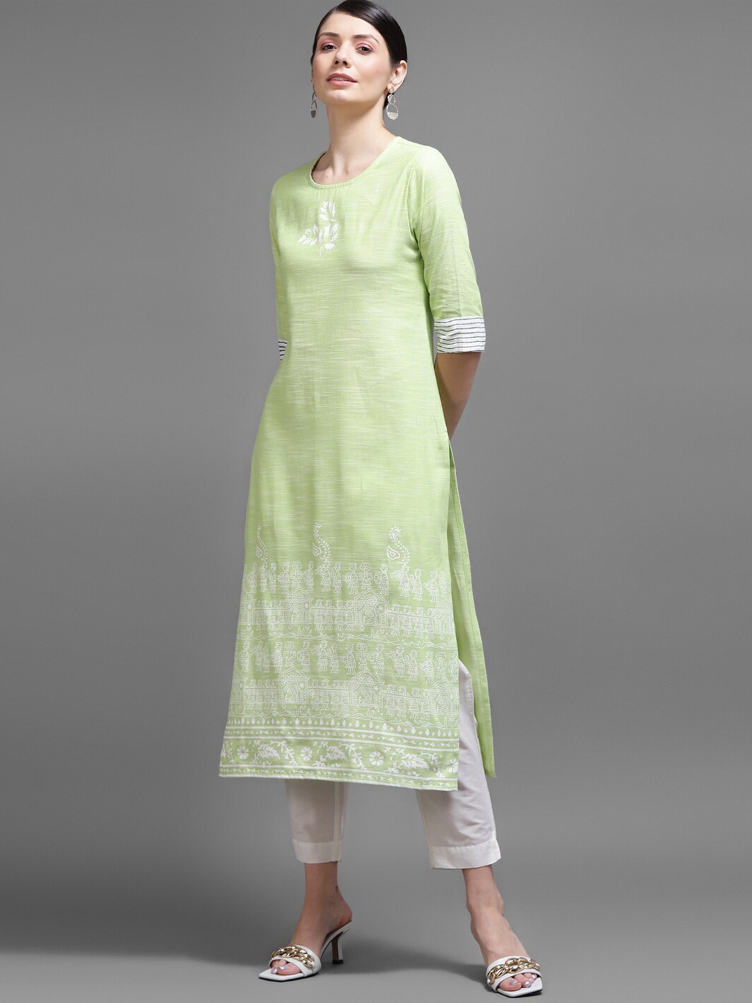 

KALINI Women Green & White Floral Printed Straight Kurta