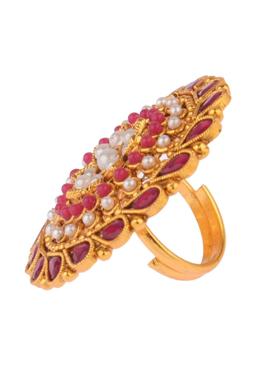 

Efulgenz Gold-Plated Pink Crystal-Studded & Pearl Beaded Finger Ring