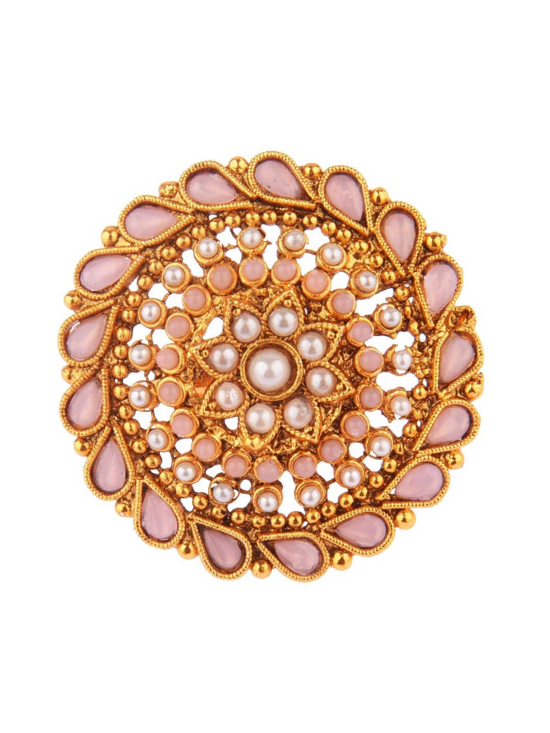 

Efulgenz Women Gold-Plated Peach & White Crystal, Pearl Big size Adjustable Finger Ring