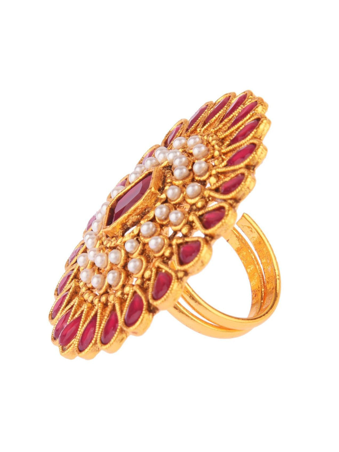 

Efulgenz Gold-Plated Pink Crystals Studded & Pearl Beaded Cocktail Finger Ring