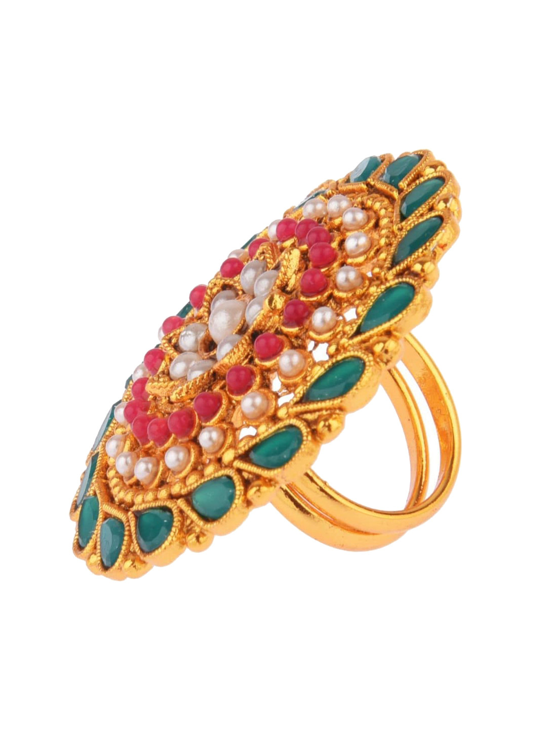 

Efulgenz Women Green & Red Gold-Plated Traditional Crystal Adjustable Ring