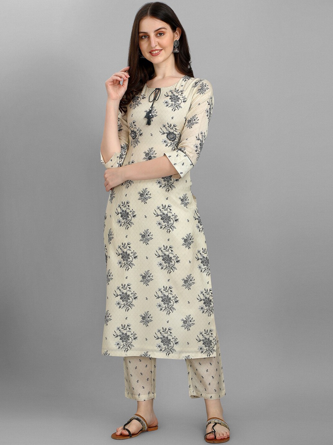 

Seerat Printed Kurti With Embroidery With Printed Palazzo, Cream