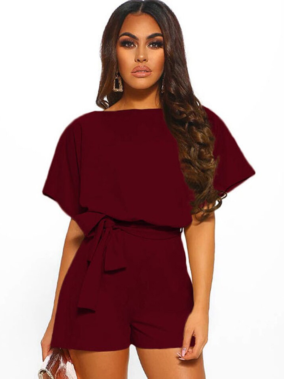 

BoStreet Maroon Basic Jumpsuit With Lace Inserts