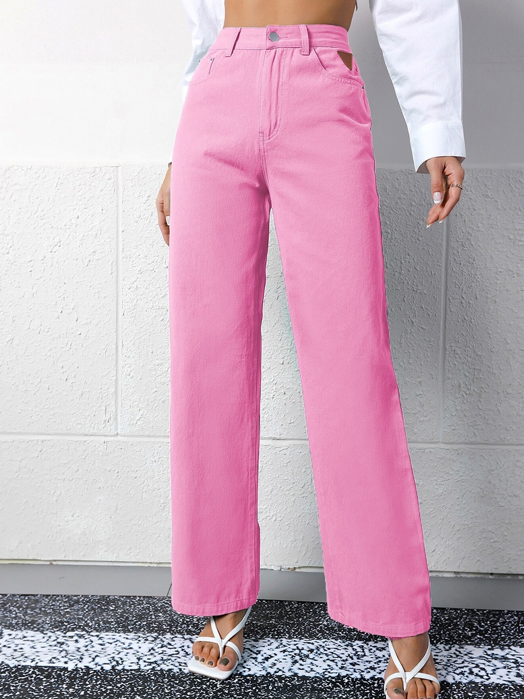 

BoStreet Women Pink Wide Leg Slash Knee Jeans