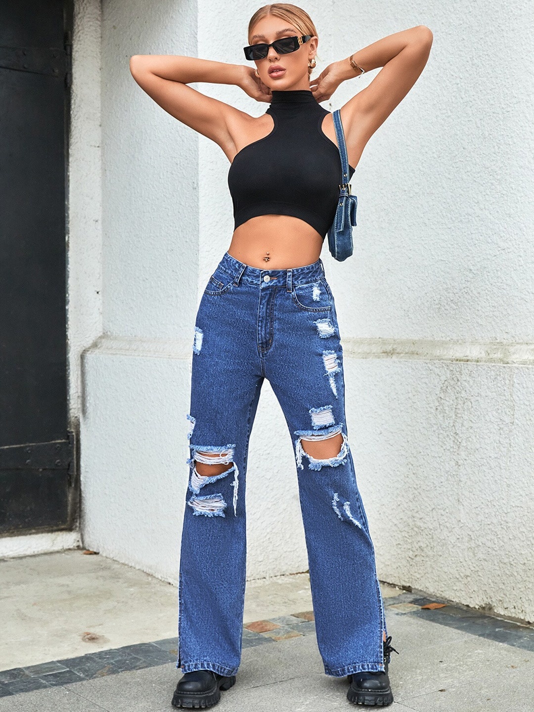 

BoStreet Women Blue Wide Leg Highly Distressed Jeans