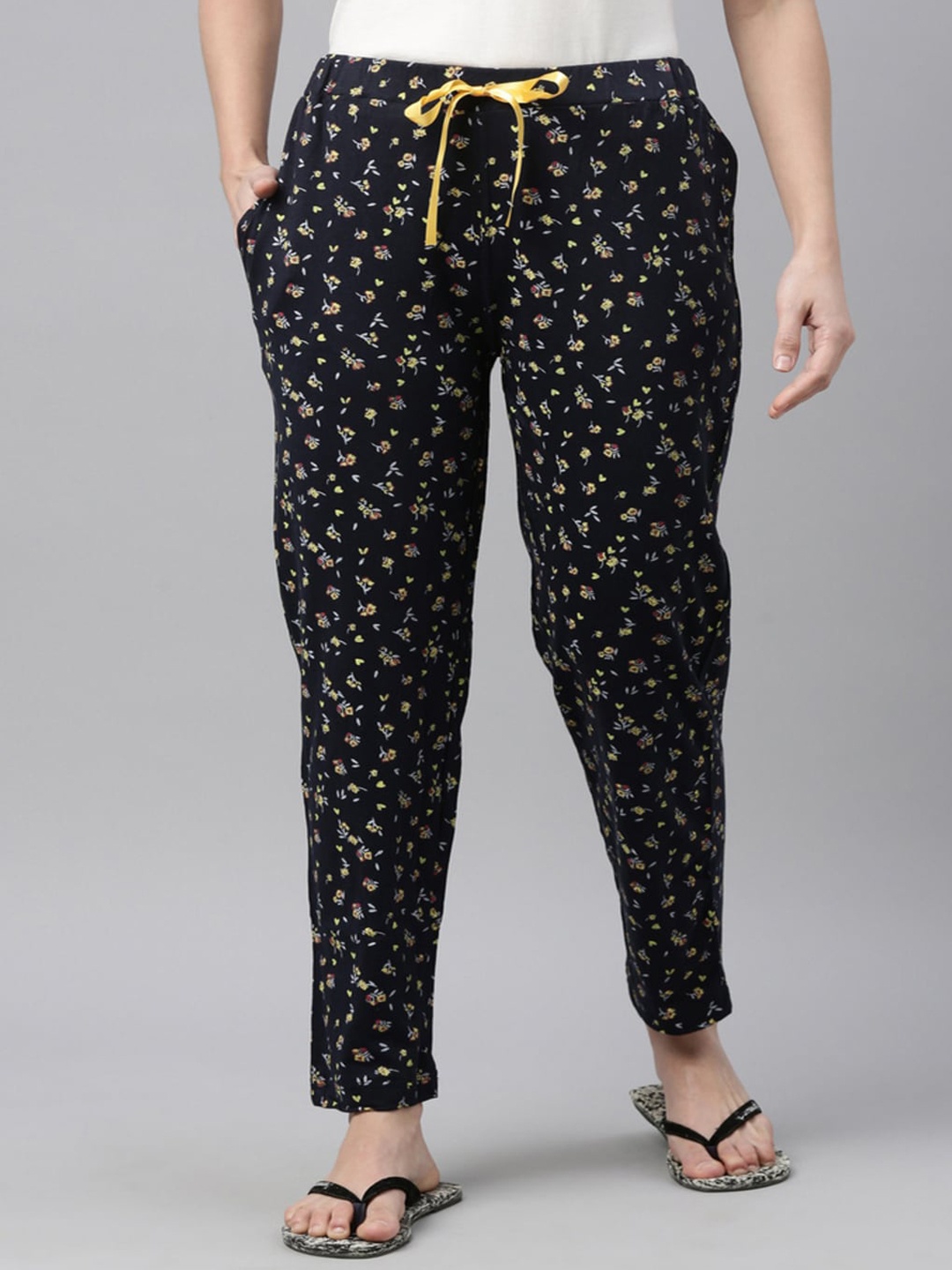 

Enviously Young Women Floral Printed Pure Cotton Lounge Pant, Navy blue
