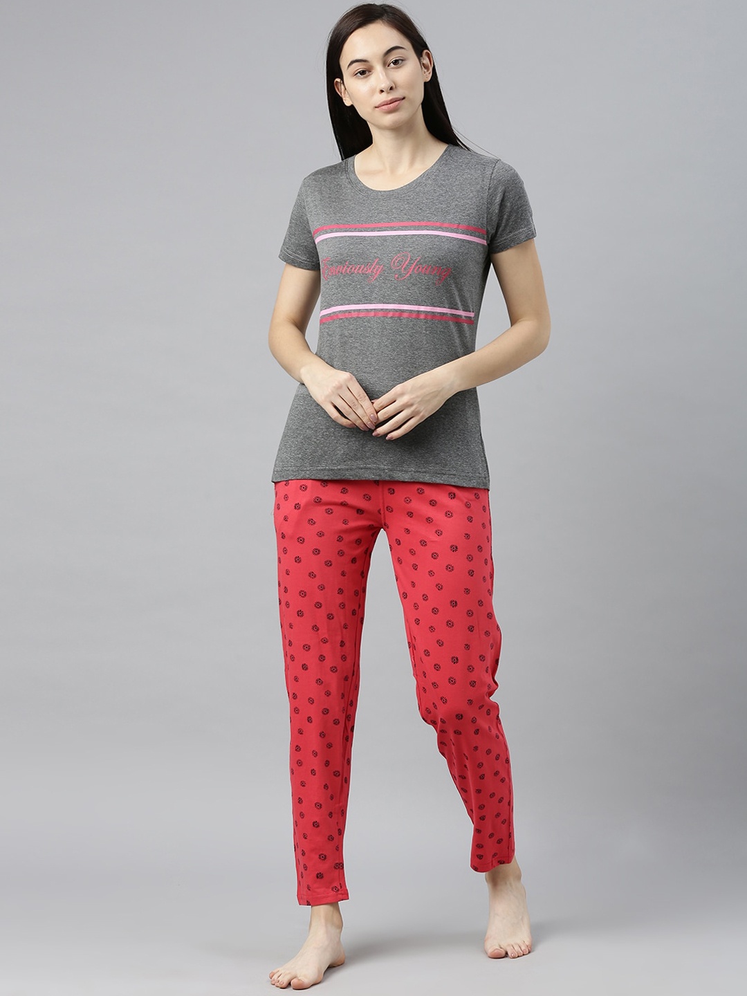

Enviously Young Women Grey Melange & Red Printed Night suit