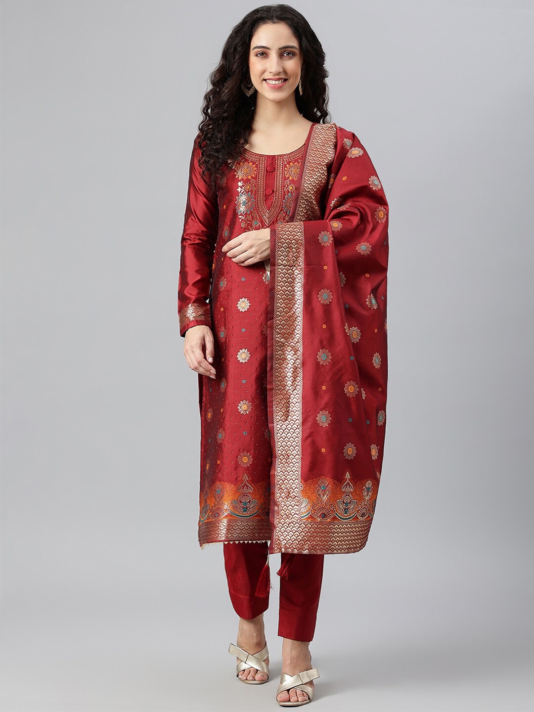 

Lilots Maroon & Gold-Toned Unstitched Dress Material