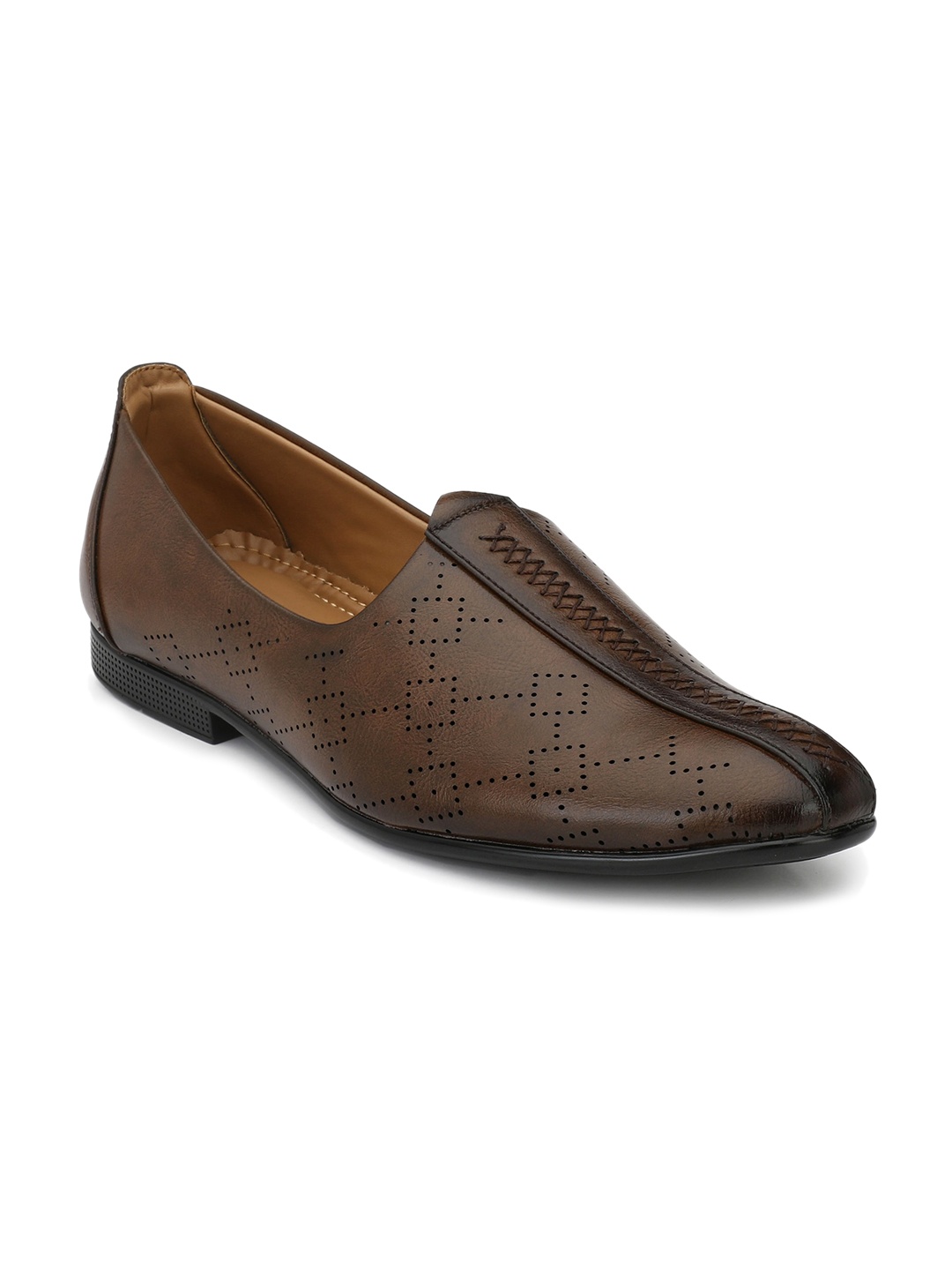 

birgos Men Tan Brown Woven Design Formal Leather Slip On Shoes