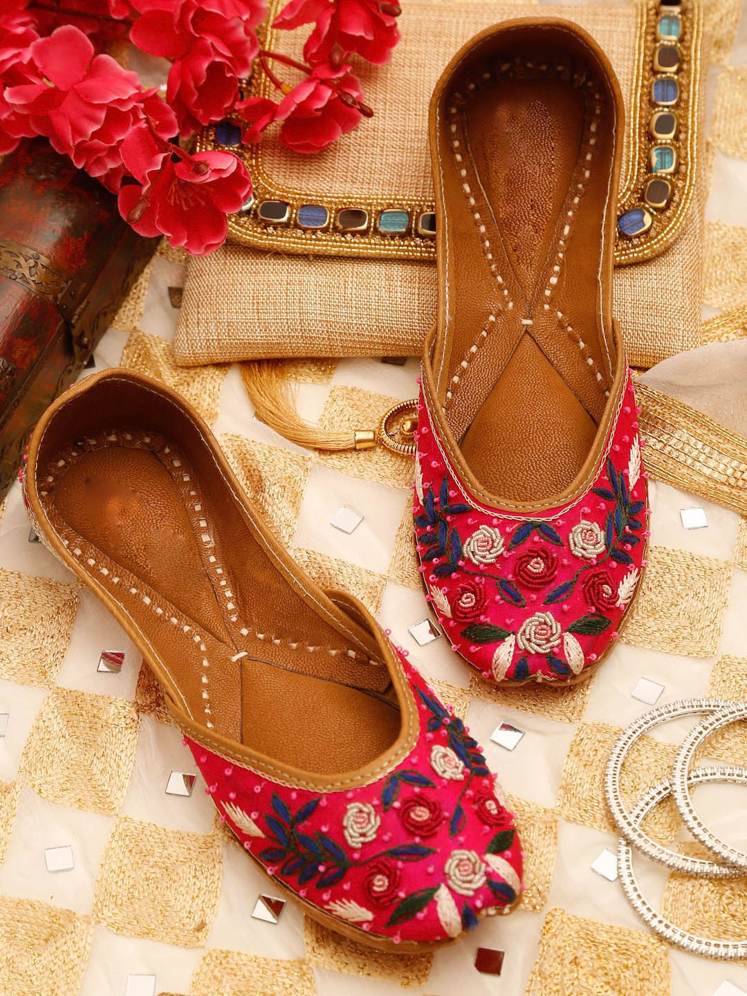 

GLAM STORY Women Pink Embellished Leather Ethnic Mojaris Flats