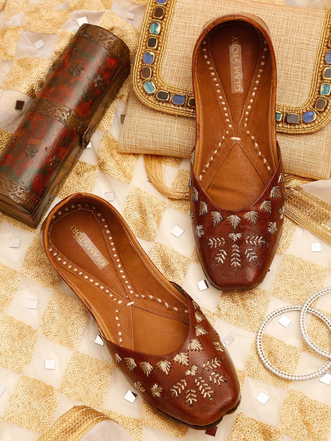 

GLAM STORY Women Brown Embellished Leather Ethnic Flats