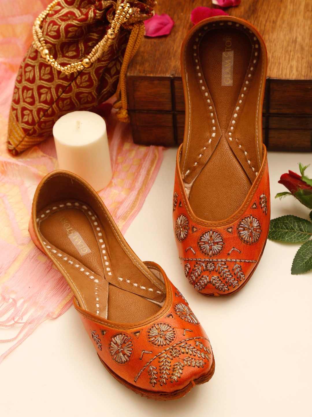 

GLAM STORY Women Brown Embellished Leather Ethnic Mojaris