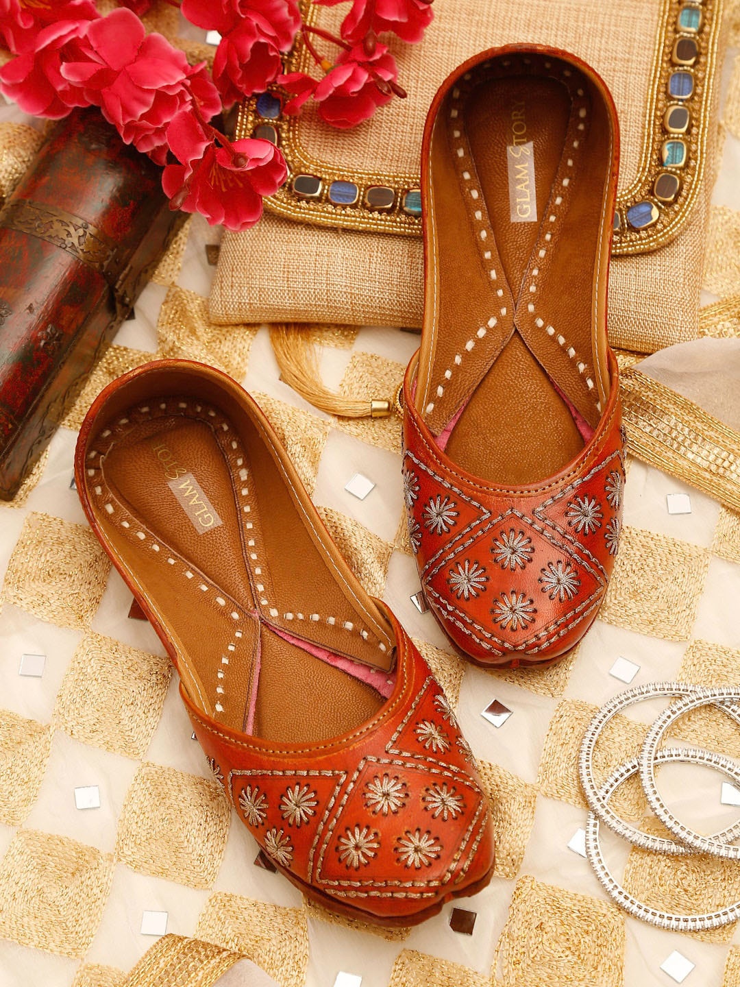 

GLAM STORY Women Brown Embroidered Mojaris Flats