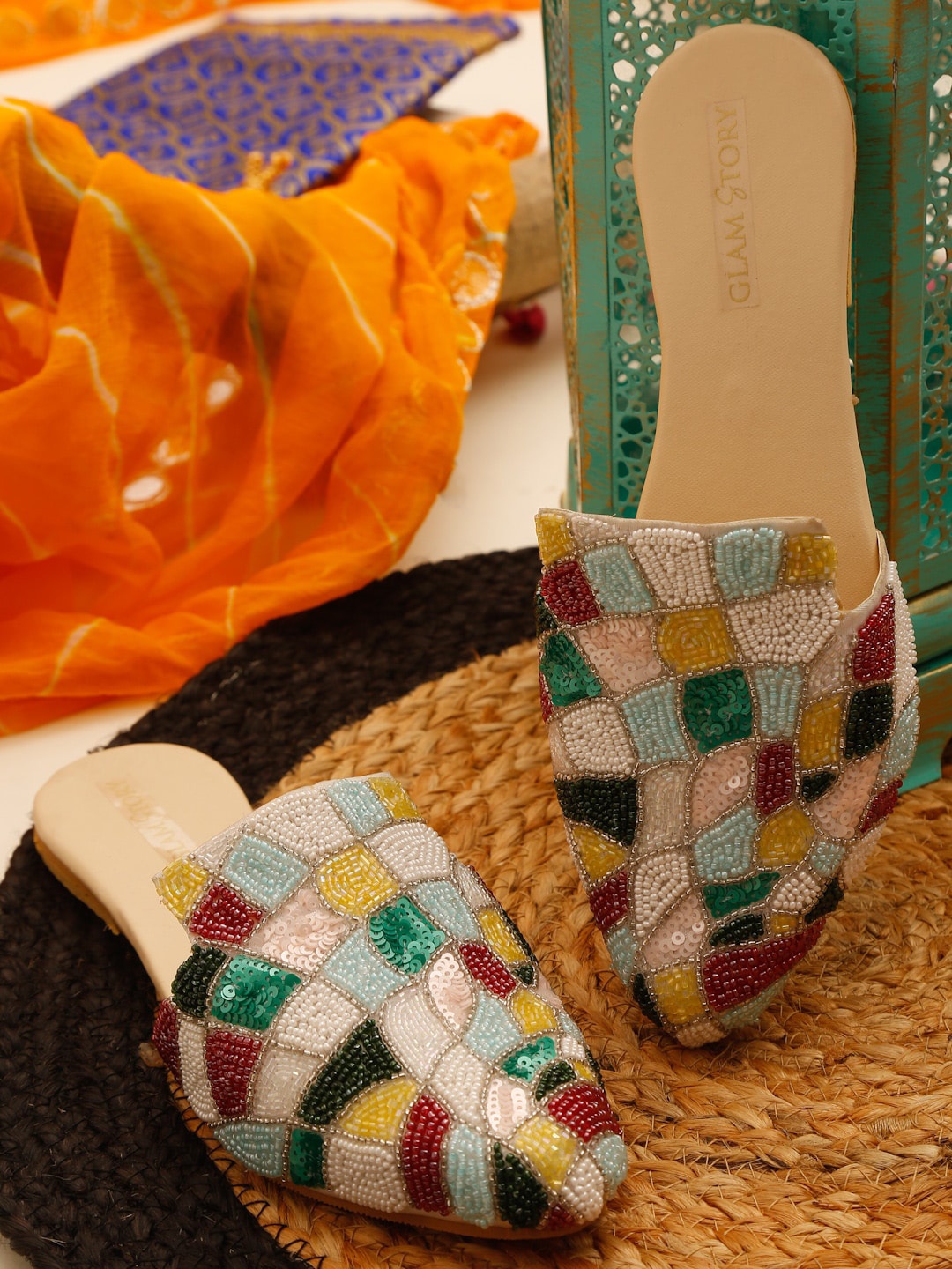 

GLAM STORY Women Cream & Green Embellished Leather Party Flats