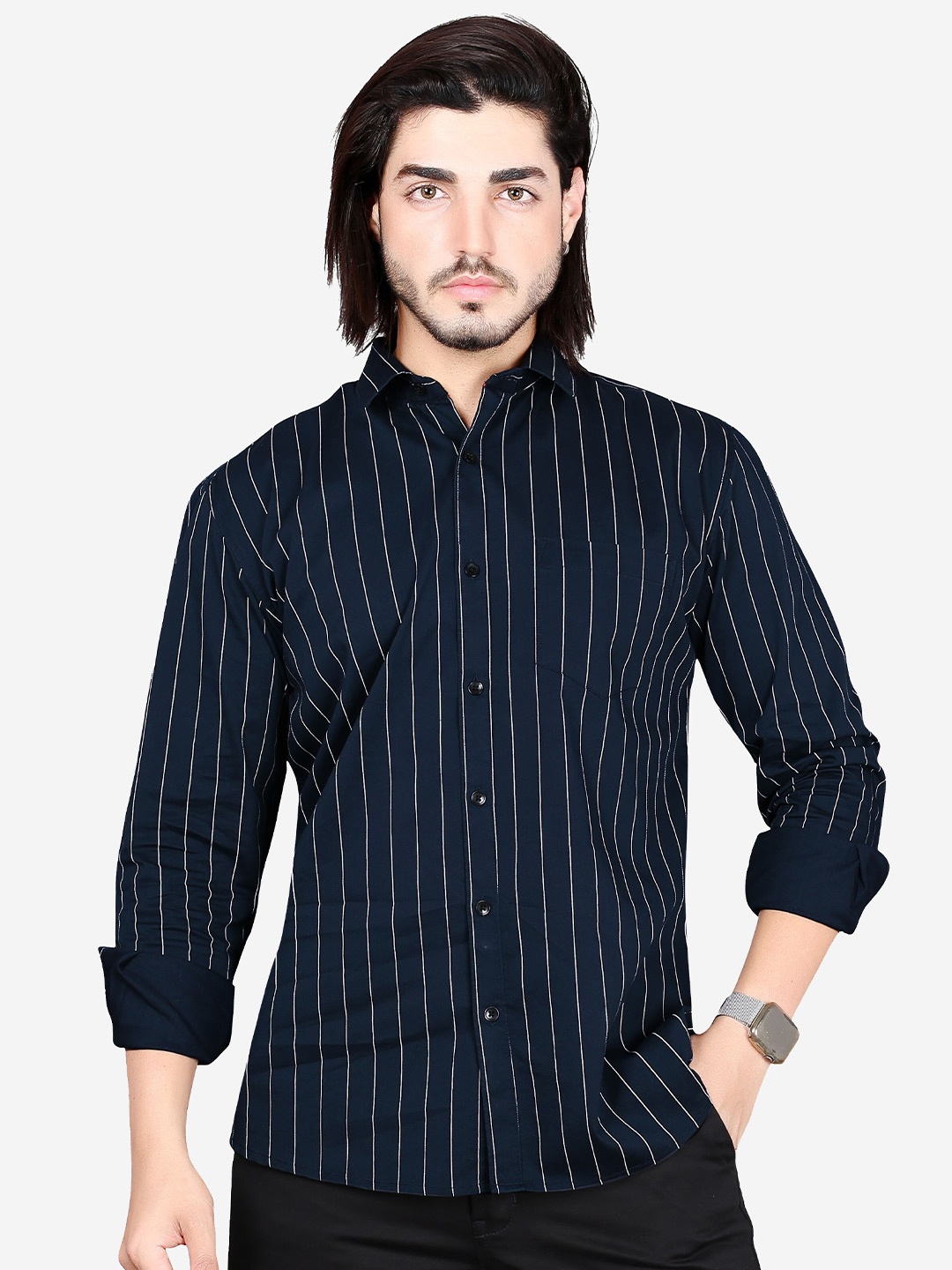 

5TH ANFOLD Men Navy Blue Slim Fit Striped Casual Shirt