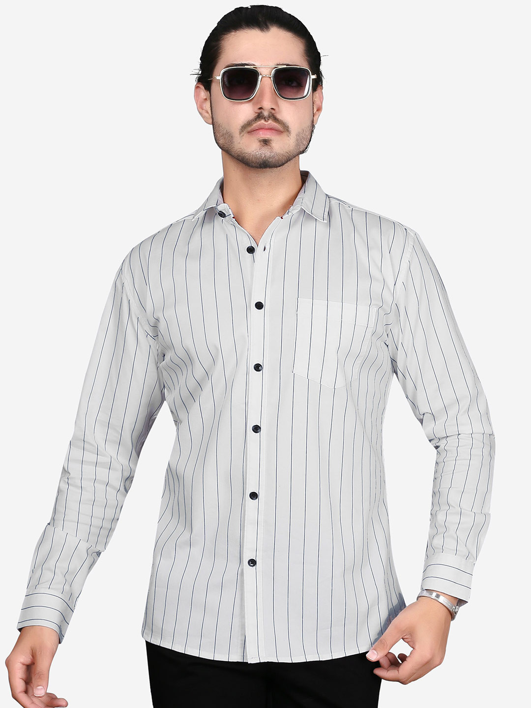 

5TH ANFOLD Men White & Blue Slim Fit Striped Stretchable Pure Cotton Casual Shirt