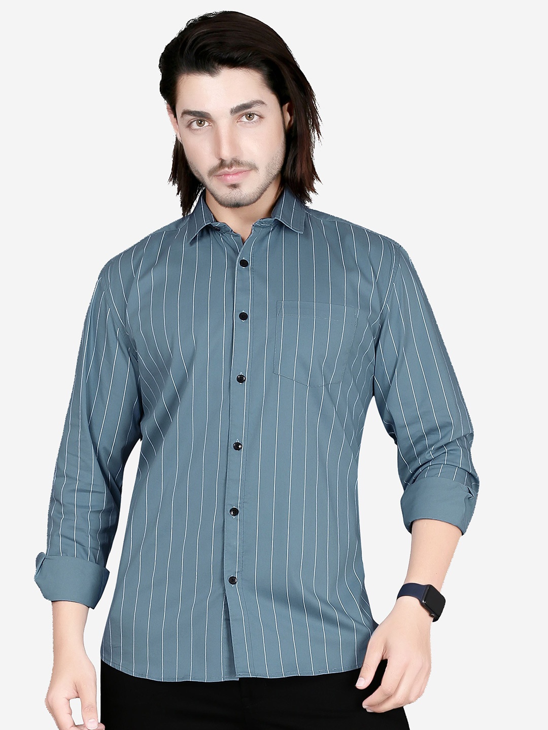 

5TH ANFOLD Men Blue Slim Fit Striped Cotton Casual Shirt